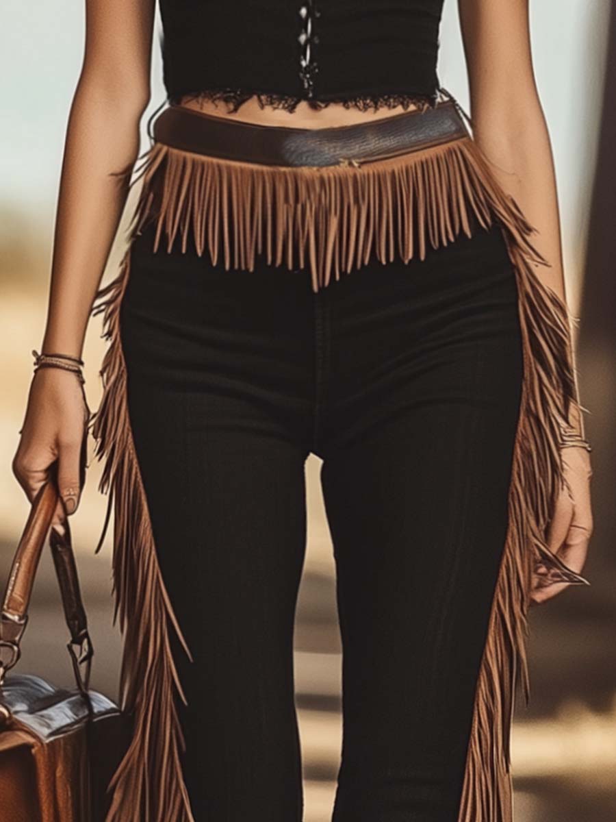 Casual Western Waist Side Fringe Detail Black Denim Cotton Pencil Pants
