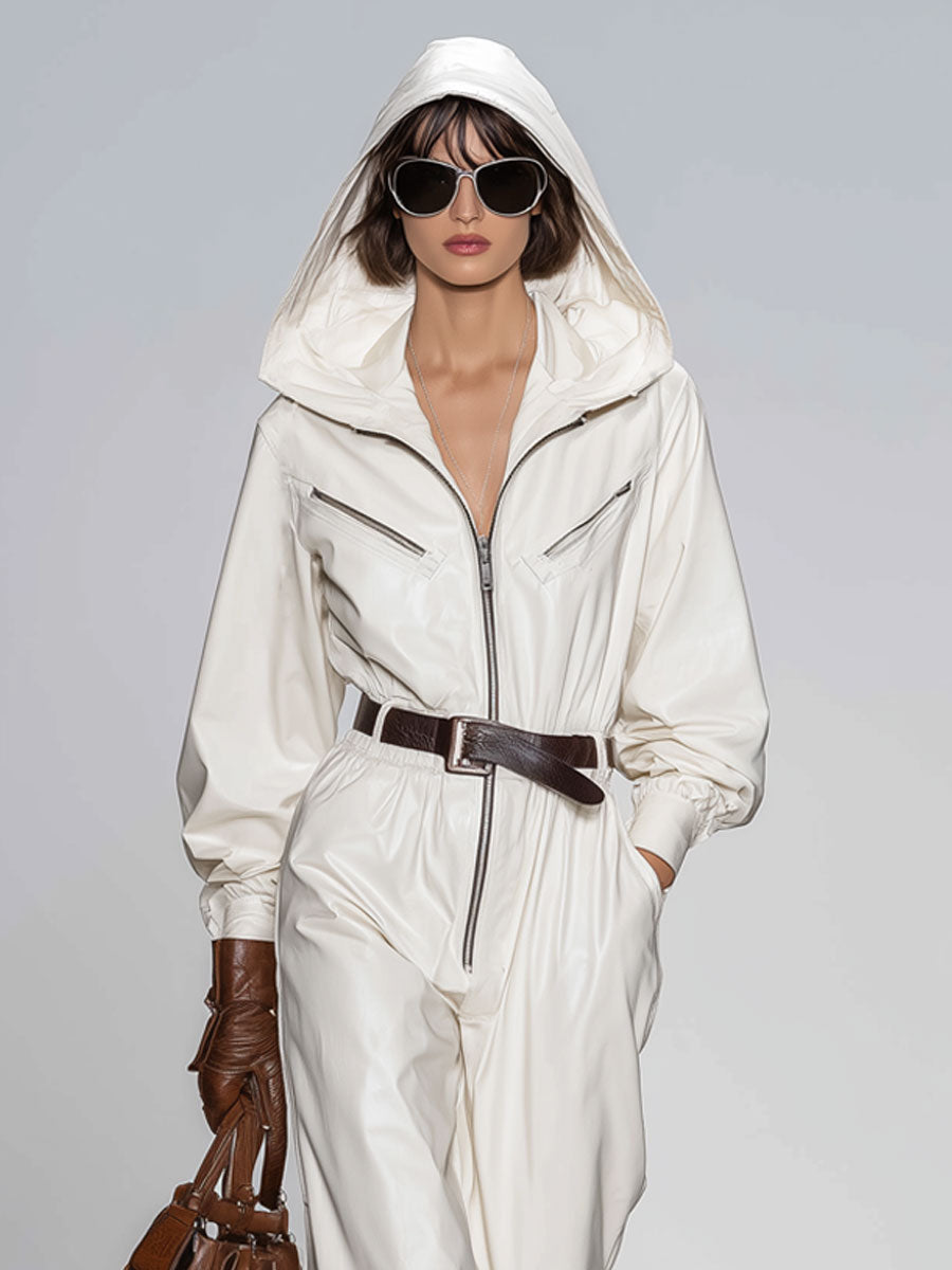Casual Retro White Faux Leather Hooded Zip-Up Long-Sleeved Jumpsuit