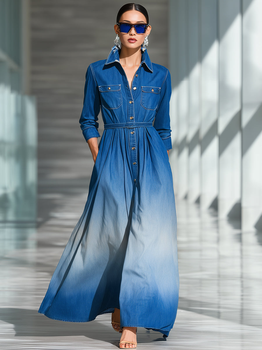 Fashion Casual Gradient Blue Denim Long-sleeved Shirt Maxi Dress