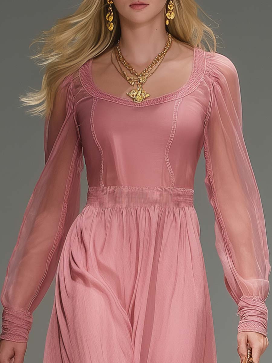 Exquisite Vintage Western Round Neck Transparent Long Sleeve Pink Chiffon Maxi Dress