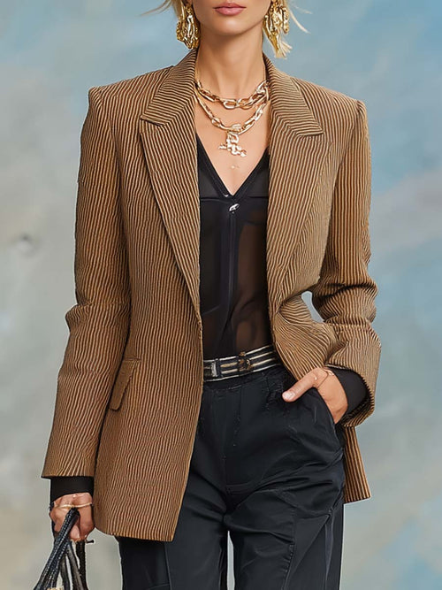 Casual And Fashionable Peak Lapel Single Button Brown Corduroy X-shaped Blazer