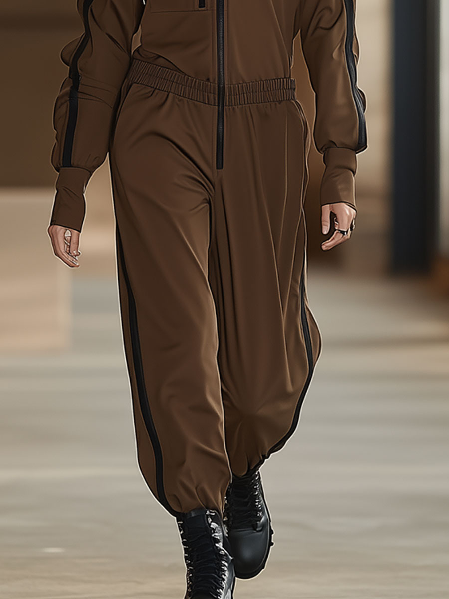 Casual Retro Black Trim Cocoa Brown Elastic Waist Jumpsuit