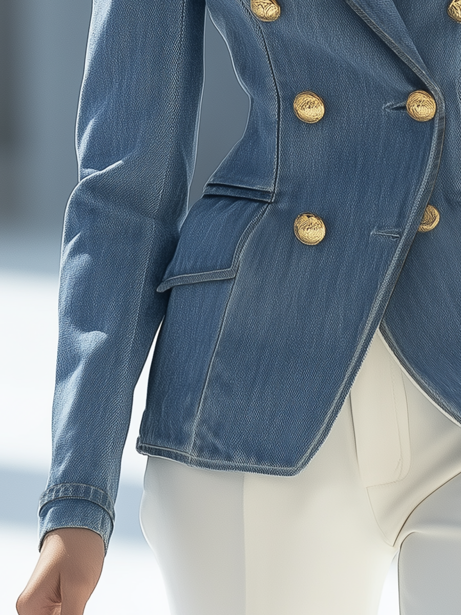 Elegant Vintage Notched Lapel Double-breasted Denim Blazer