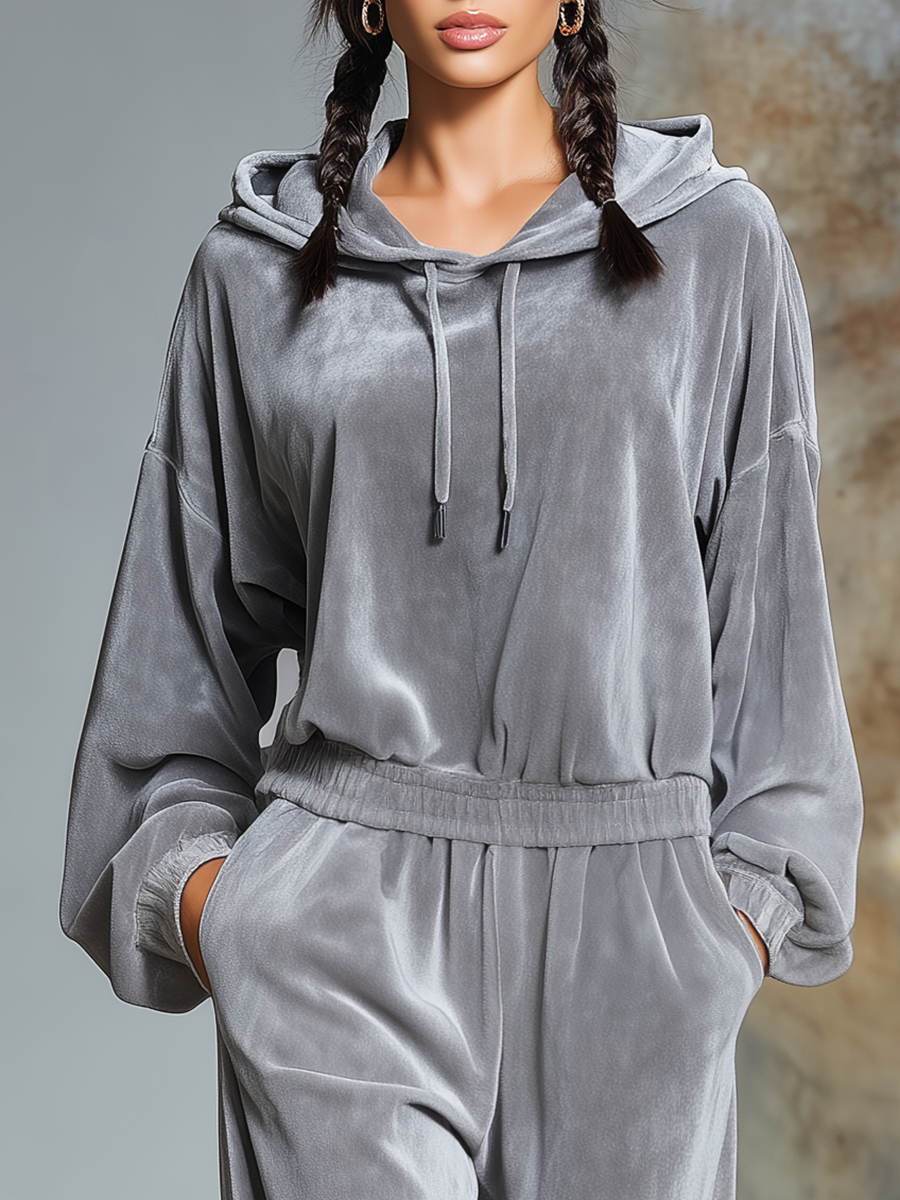 Casual Simple Loose Hooded Velvet Jumpsuit