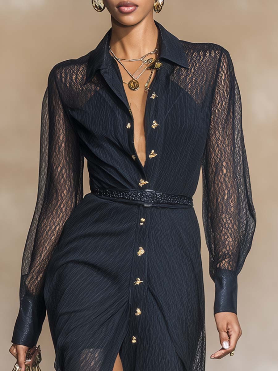Elegant And Exquisite Front Button V-neck Dark Blue Satin Cover Mesh Long Sleeve Maxi Dress