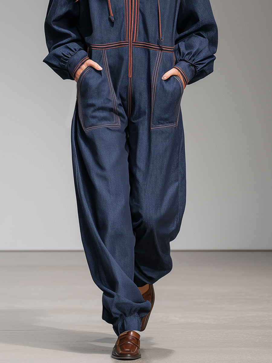 Casual Retro Navy Blue Denim Webbing Hooded Sports Jumpsuit