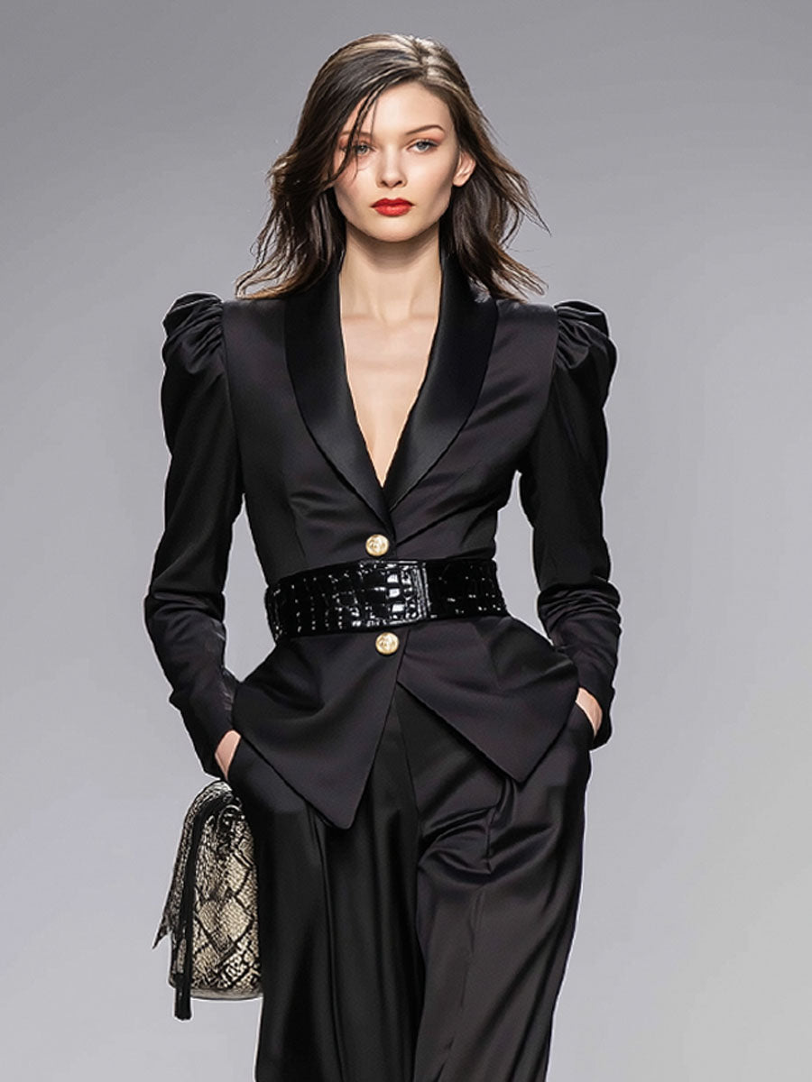 Black Lapel Single-breasted Suit And Wide-leg Pants Suit