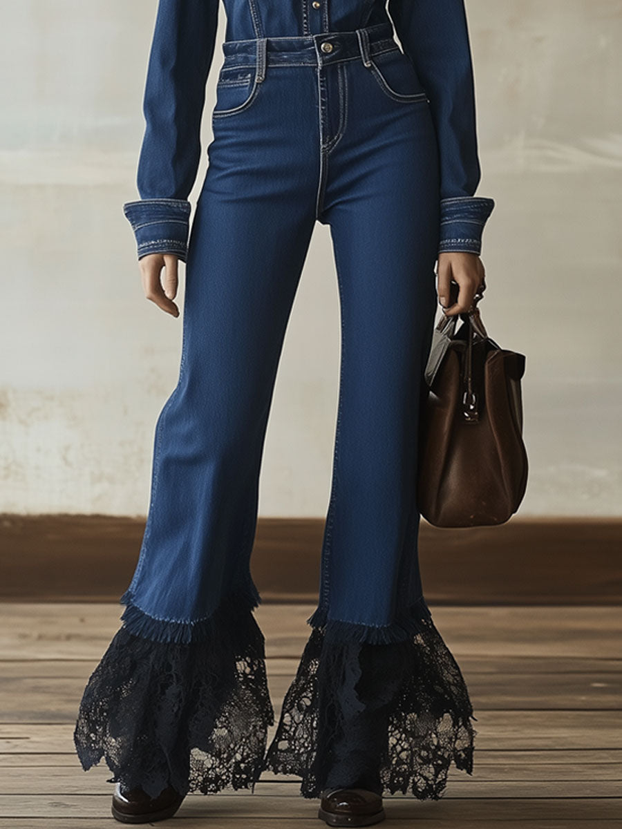 Casual Retro Dark Blue Denim Raw Edge Lace Long-Sleeved Jumpsuit