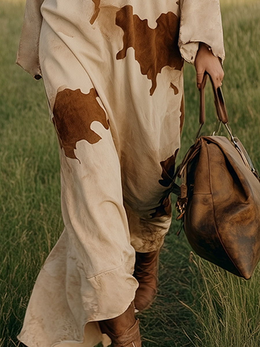 Casual Retro Cow Print Beige Faux Suede Long Sleeve Maxi Dress