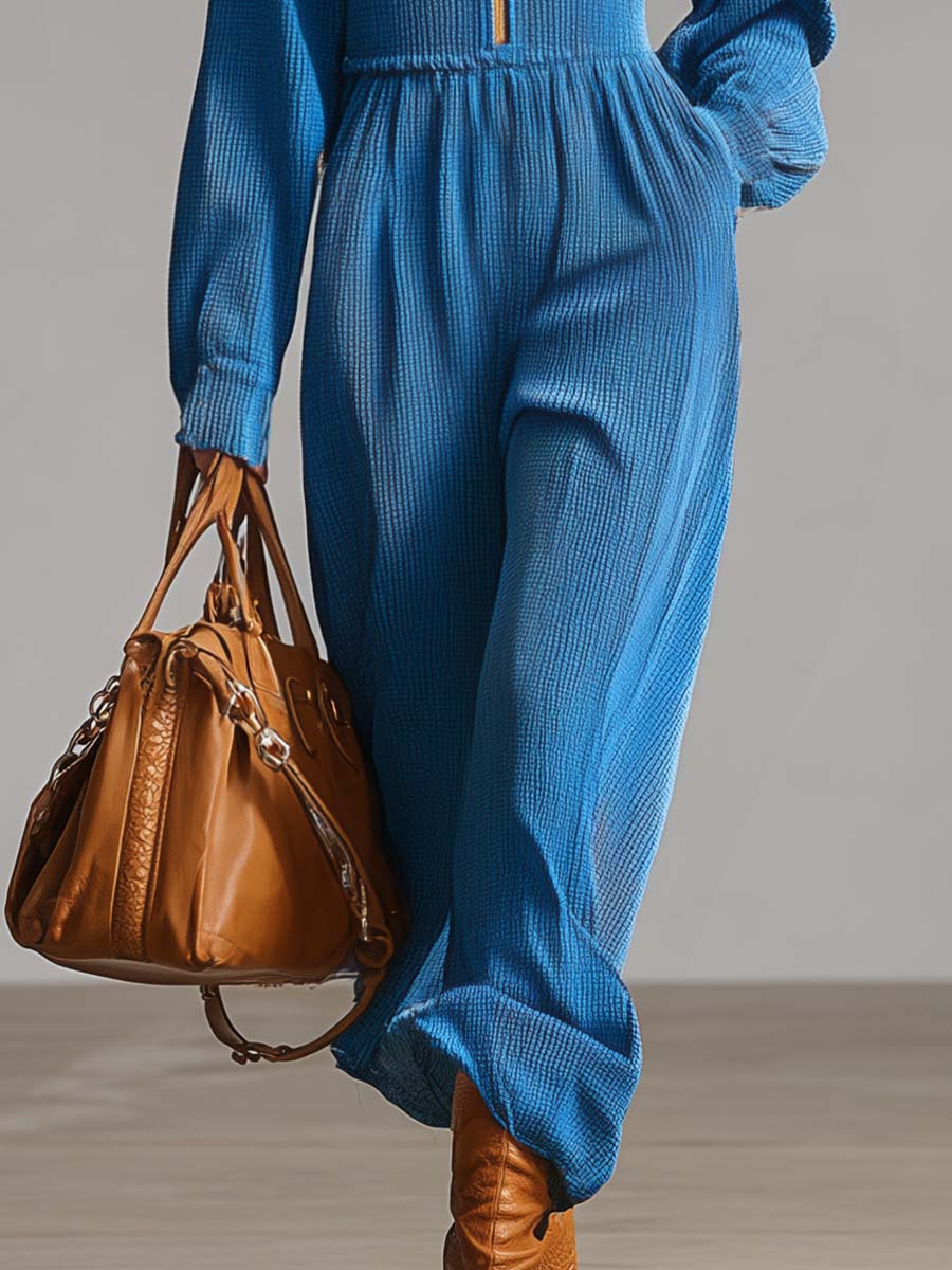 Exquisite Casual Lapel Front Zipper Long Sleeve Blue Waffle Maxi Dress
