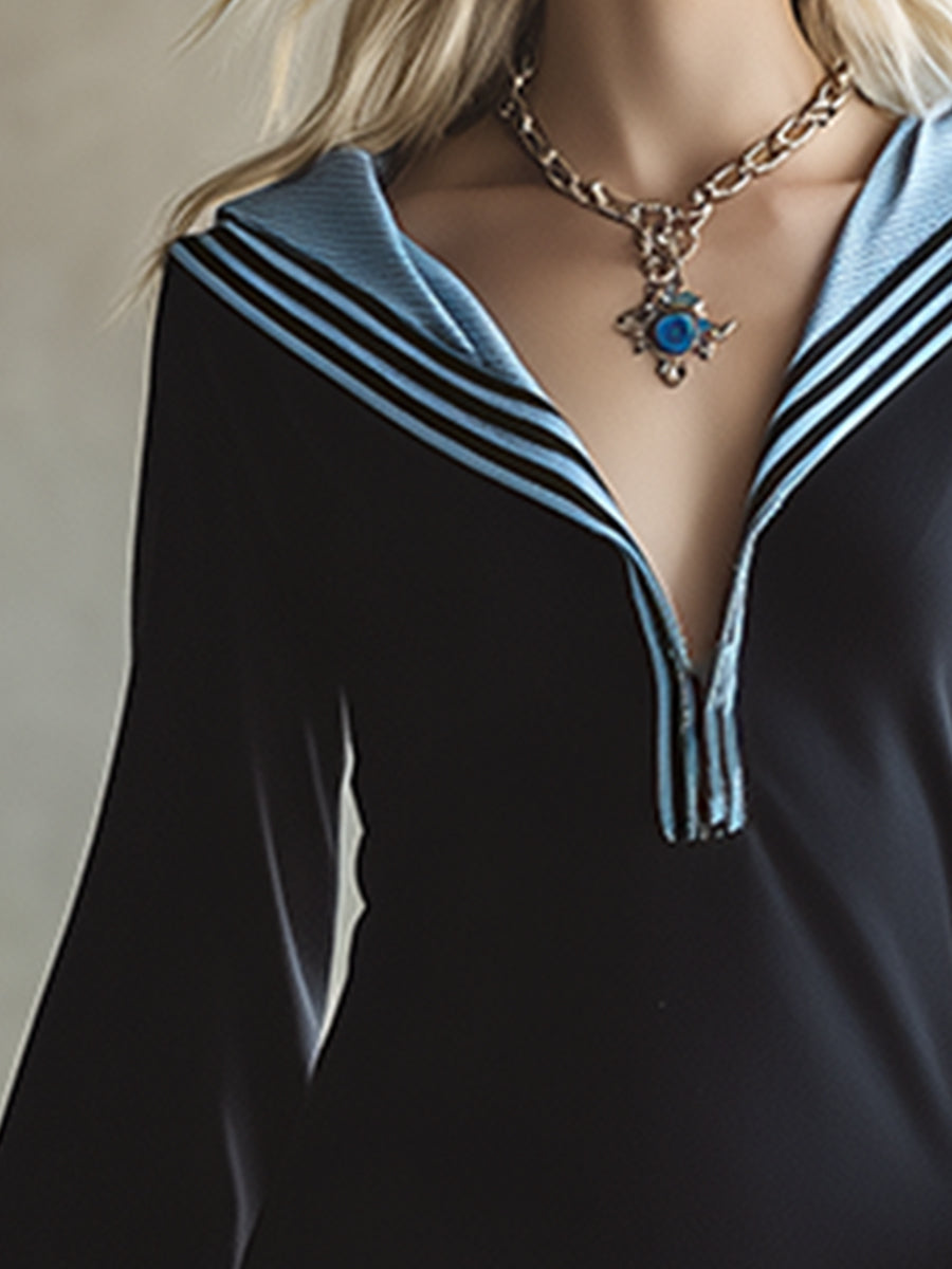 Casual Black And Blue Ruffled Sweatshirt Sports Long-sleeved Mini Dress