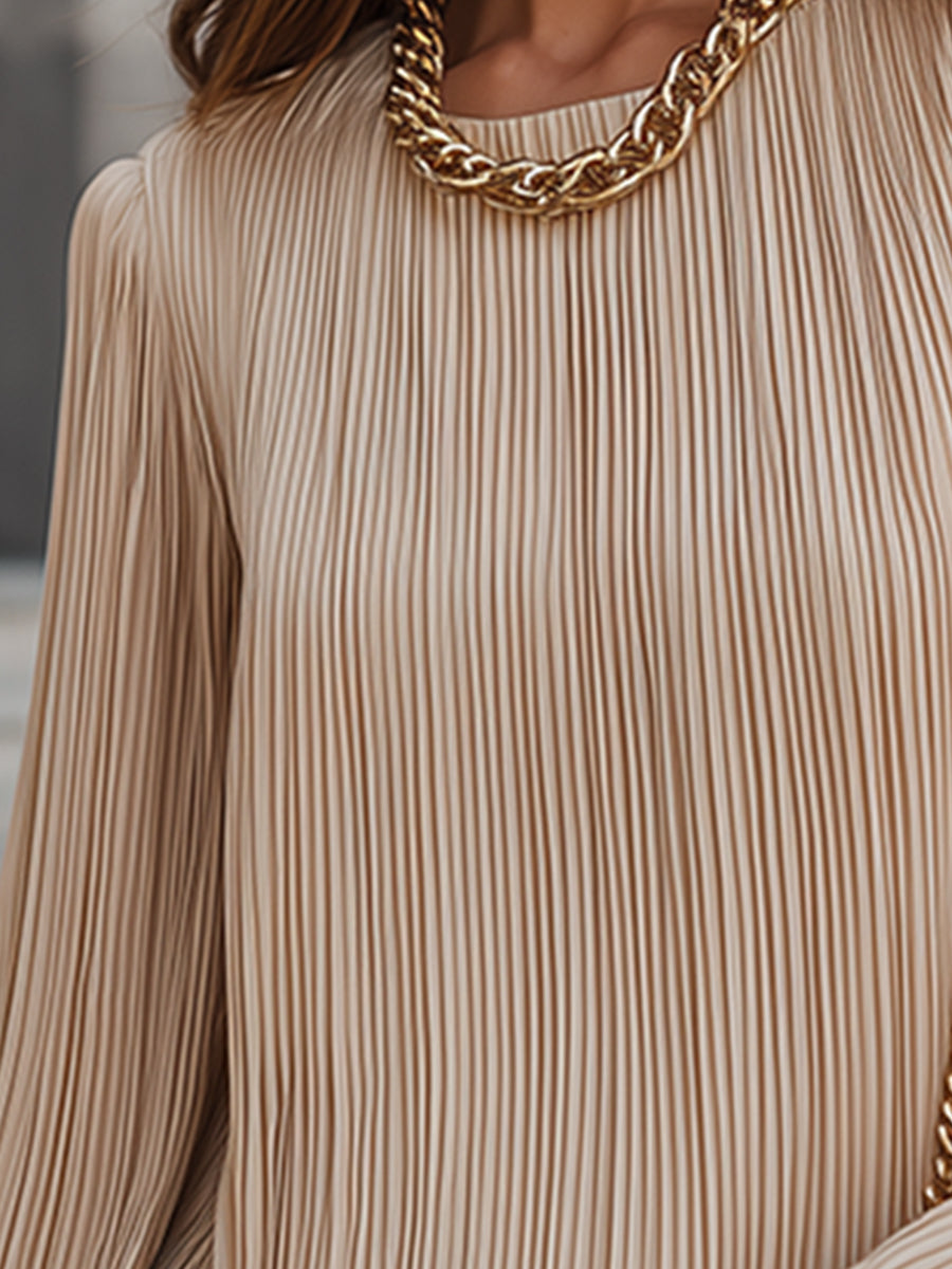 Elegant And Luxurious Champagne Matte Satin Pleated Flared Long-sleeved Shirt