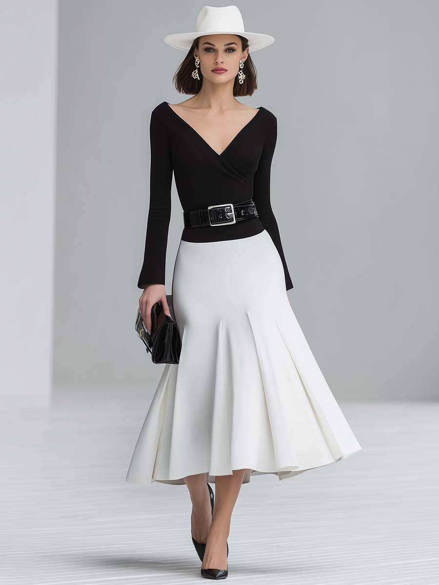 Elegant Classic Retro V-neck Long-sleeved Pleated Skirt Black And White Contrast Midi Dress