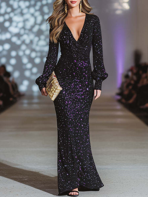Elegant And Eye-catching V-neck Long-sleeved Purple Sequins Black Slit Maxi Dress