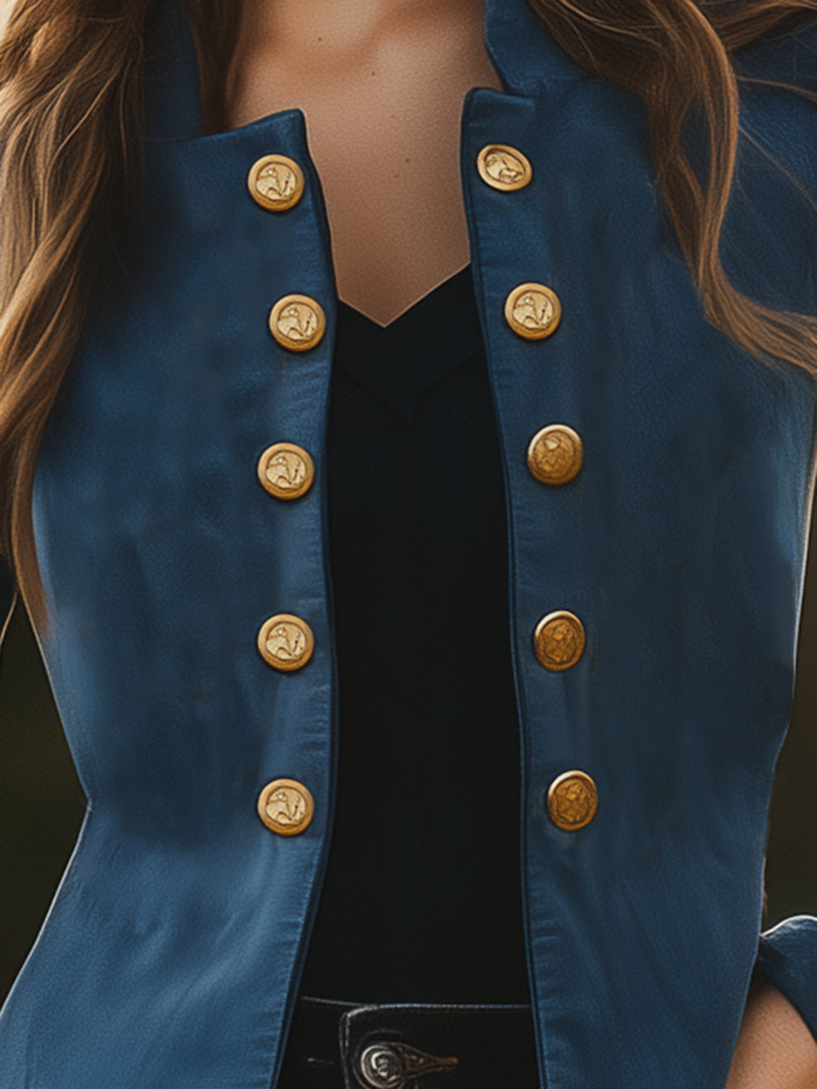 Fashion Blue Suede Button-embellished Bomber Jacket