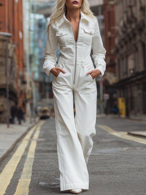 Casual Fashion White Zipper Lapel Long Sleeve Jumpsuit