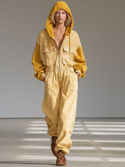 Casual Retro Yellow Denim Hooded Colorblock Long-Sleeved Jumpsuit