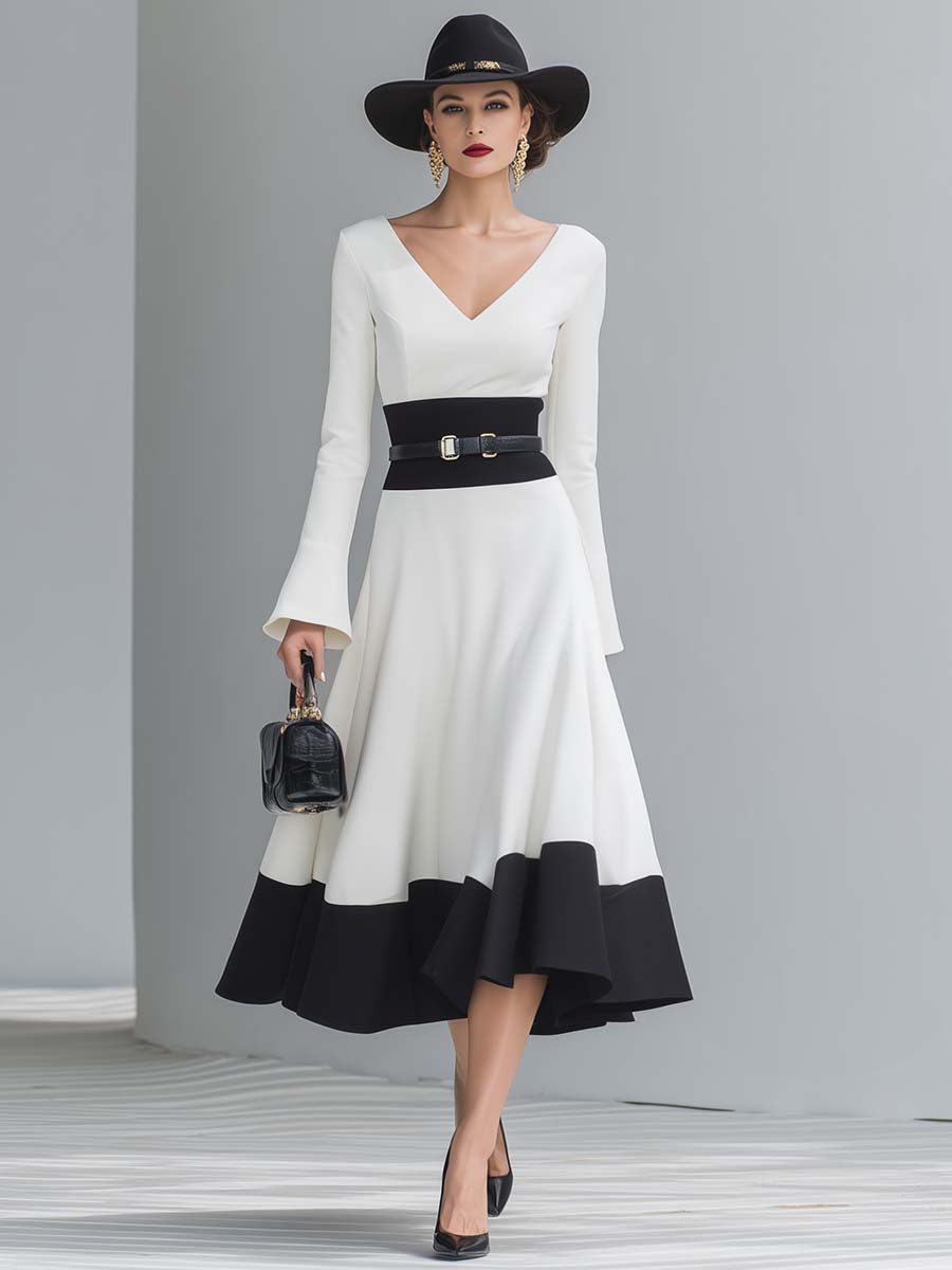 Elegant Classic V-neck Long-sleeved A-line Hem White And Black Contrast Midi Dress