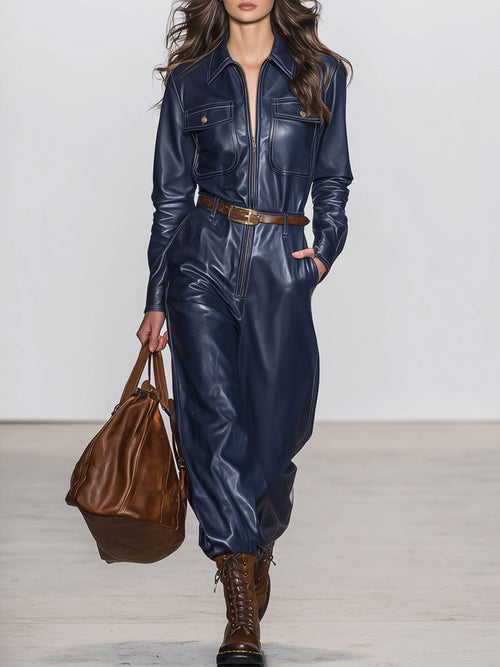 Casual Retro Dark Blue Faux Leather Long-Sleeved Lace-Up Wide-Leg Jumpsuit