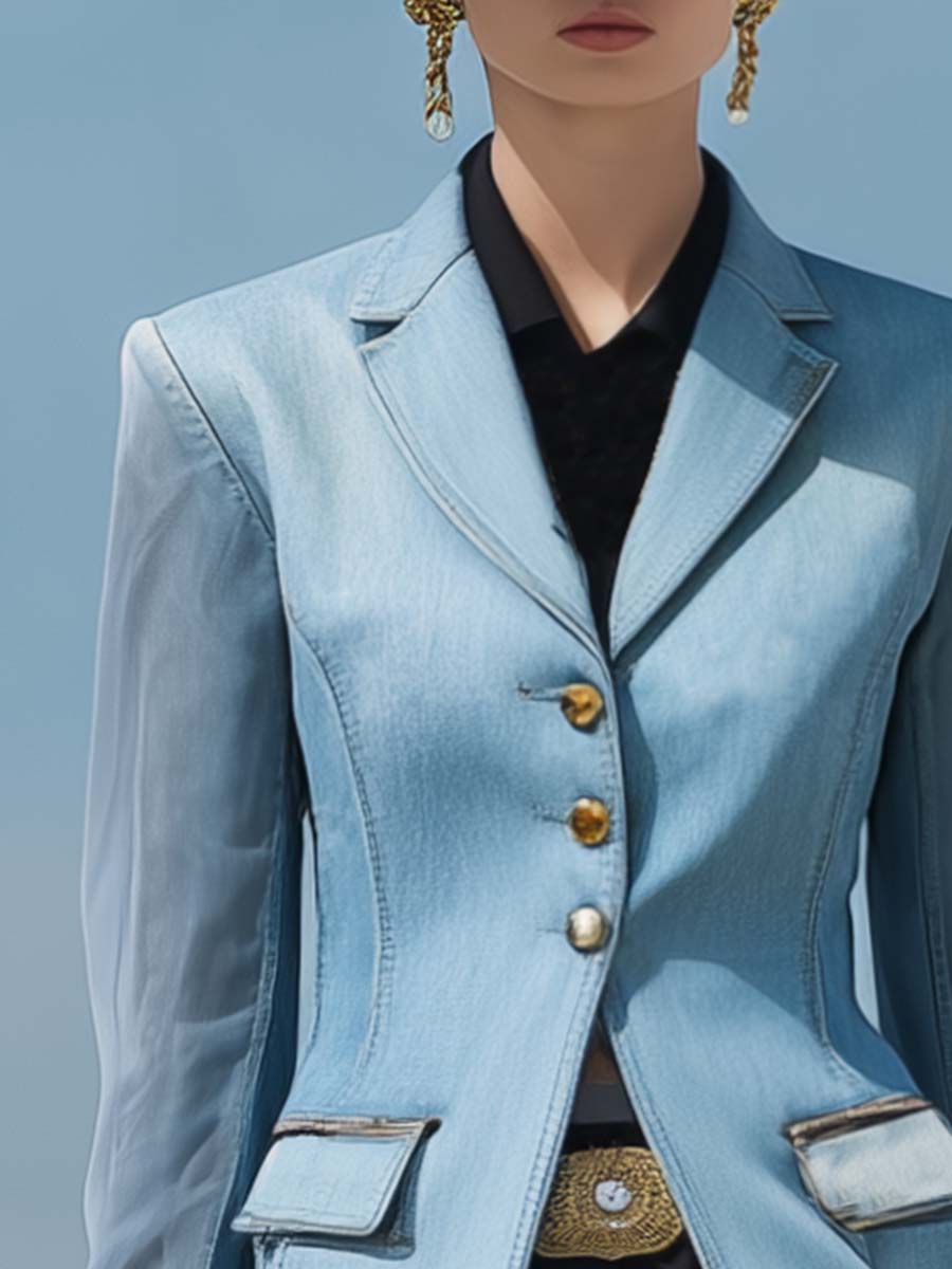 Exquisite And Elegant Notch Lapel Transparent Long Sleeve Light Blue Denim Short X-shaped Blazer