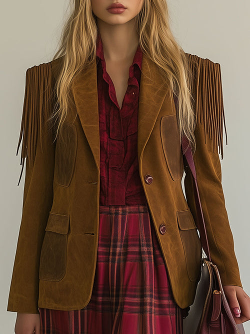 Blazer con borlas de ante camel estilo vintage estilo western