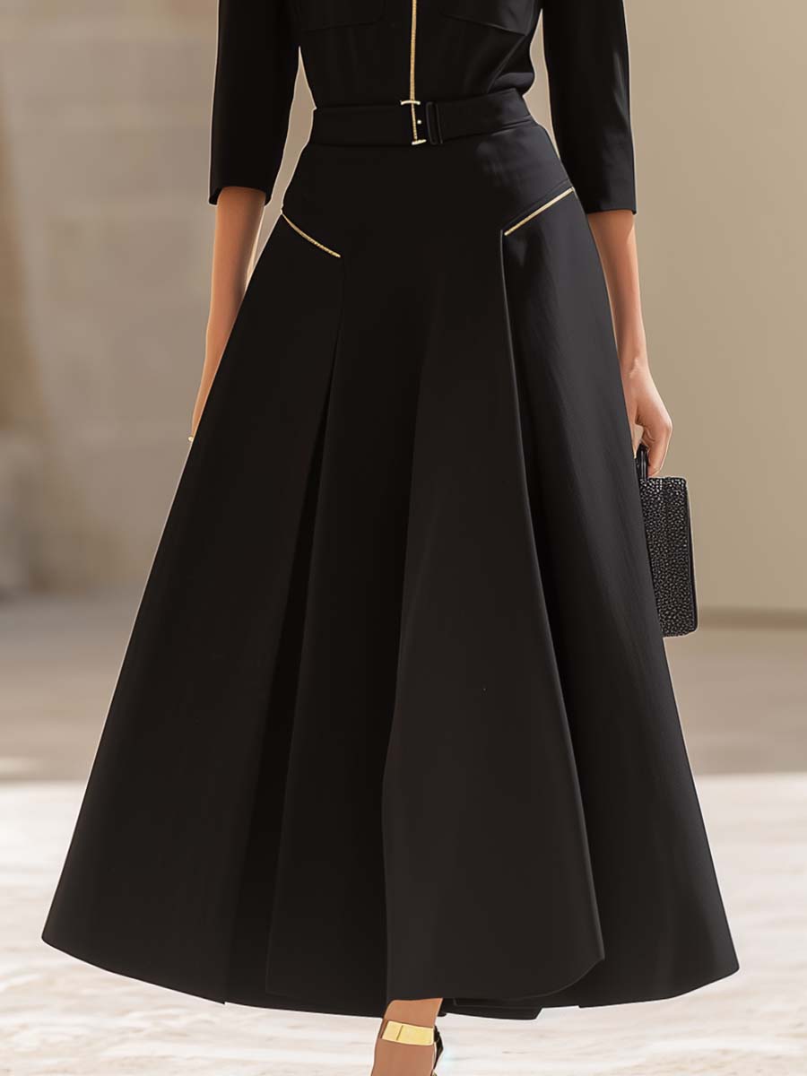 Fashion Classic V-neck Front Zipper Long Sleeve A-line Black Maxi Dress