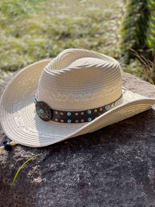 Sombrero de paja tejido vintage occidental con visera enjoyada