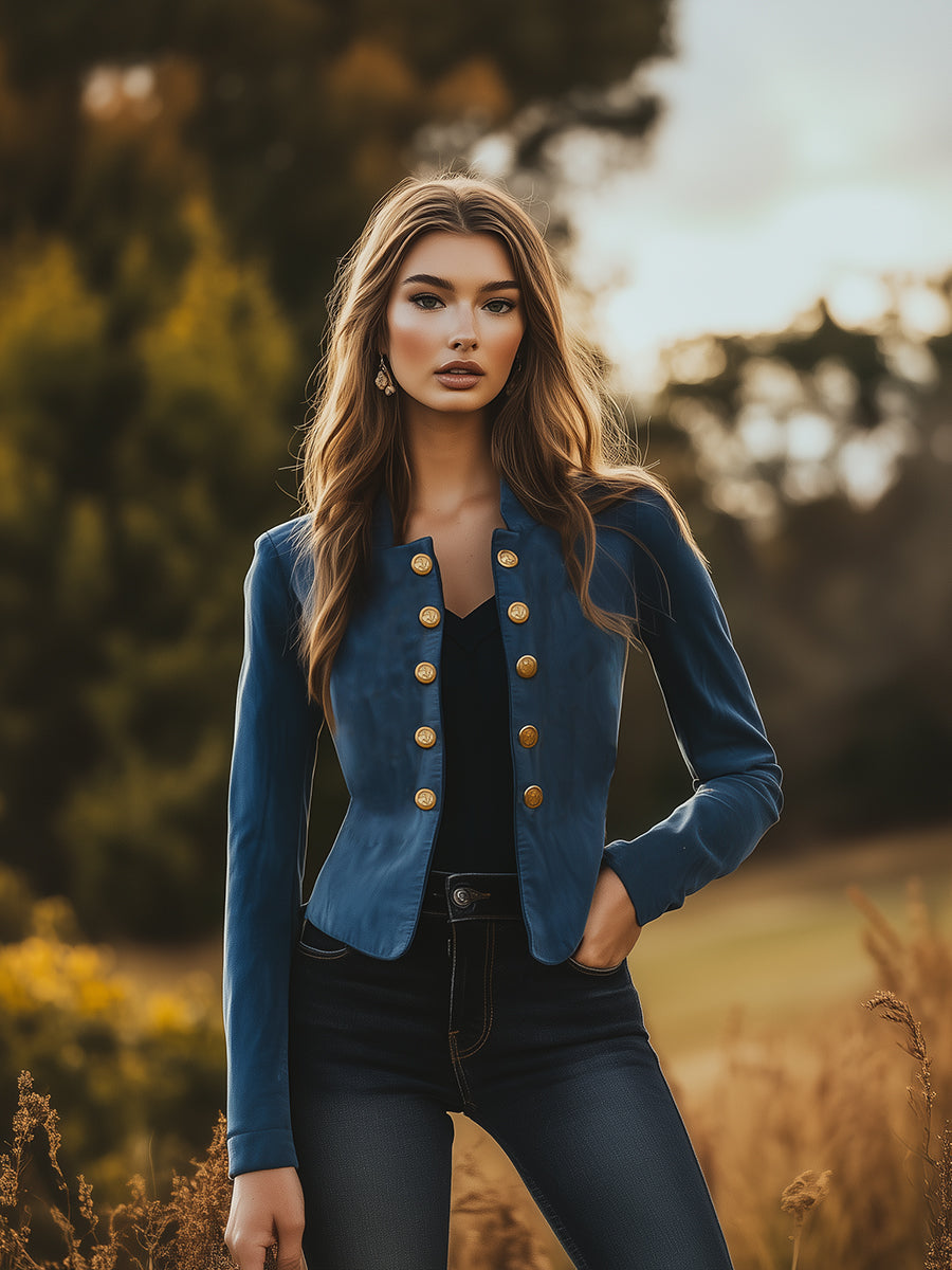 Fashion Blue Suede Button-embellished Bomber Jacket