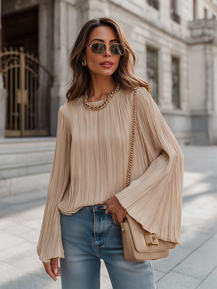 Elegant And Luxurious Champagne Matte Satin Pleated Flared Long-sleeved Shirt
