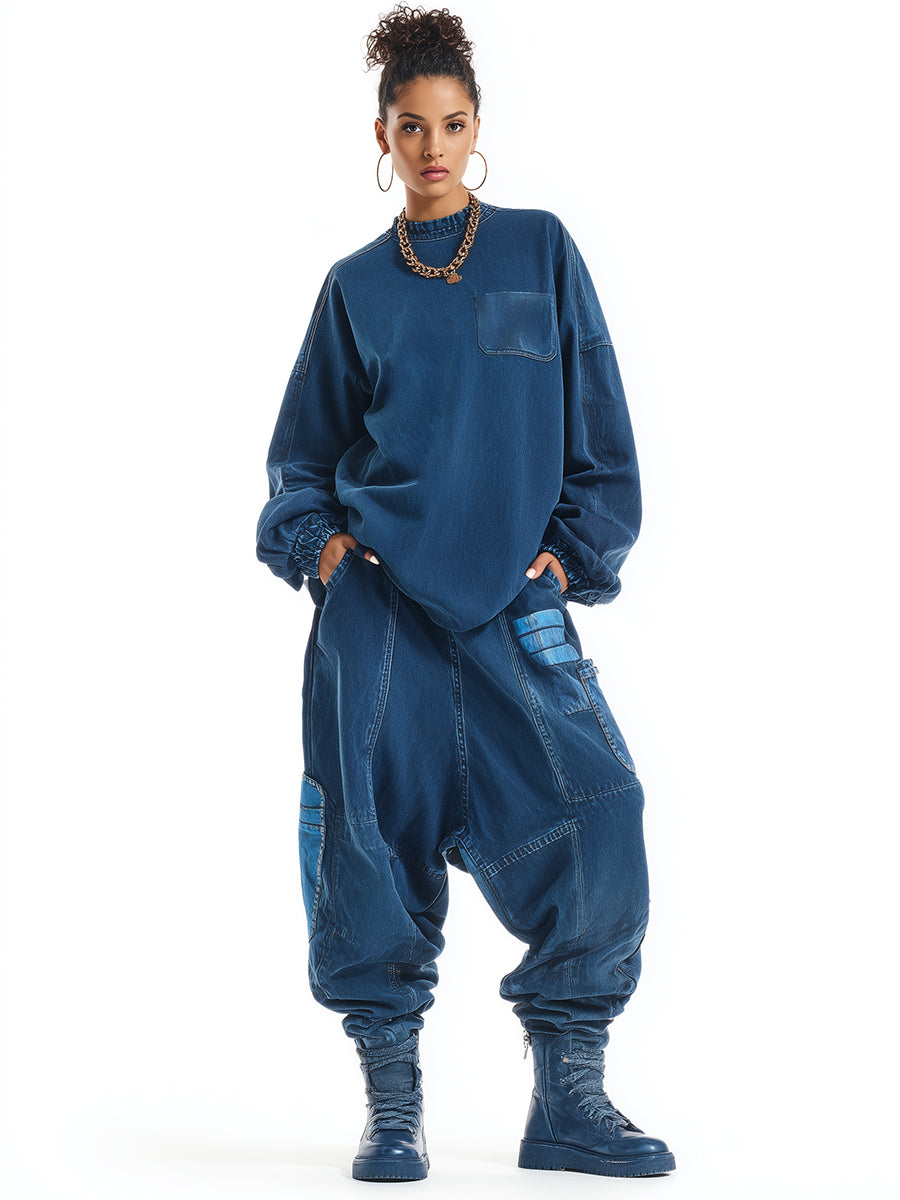 Casual Loose Denim Crew Neck Sweatshirt