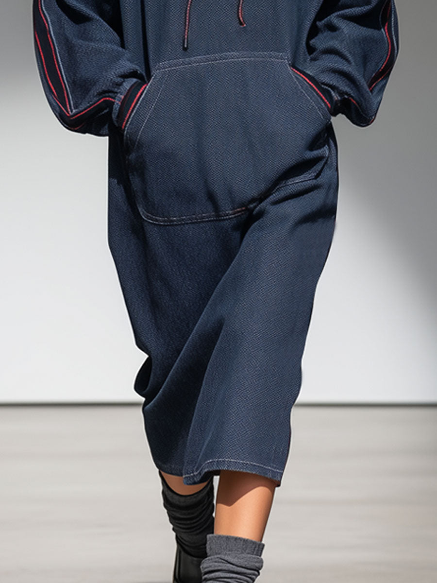 Casual Retro Web-edge Dark Blue Denim Hooded Sweatshirt Sports Midi Dress