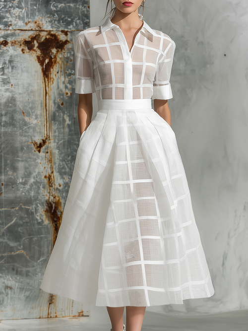 Elegant Retro Plaid Short Sleeve Maxi Dress