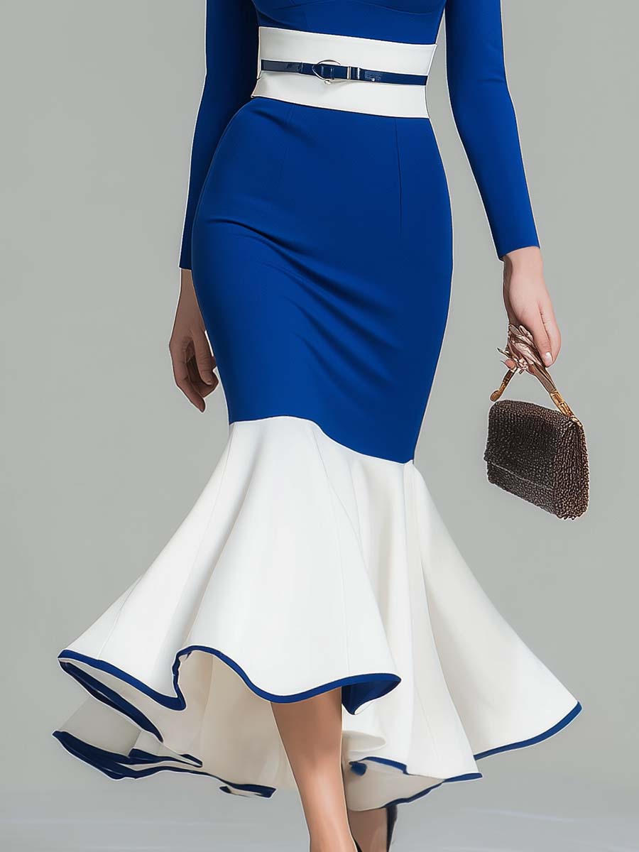 Elegant And Fashionable V-neck Long Sleeve Fishtail Hem Royal Blue And White Contrast Midi Dress