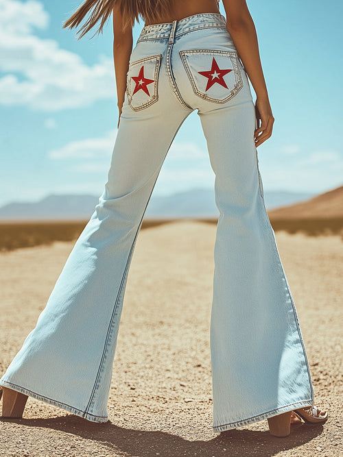 【24-hour shipping out】Vintage Back Pocket Star Embroidery Denim Flared Pants