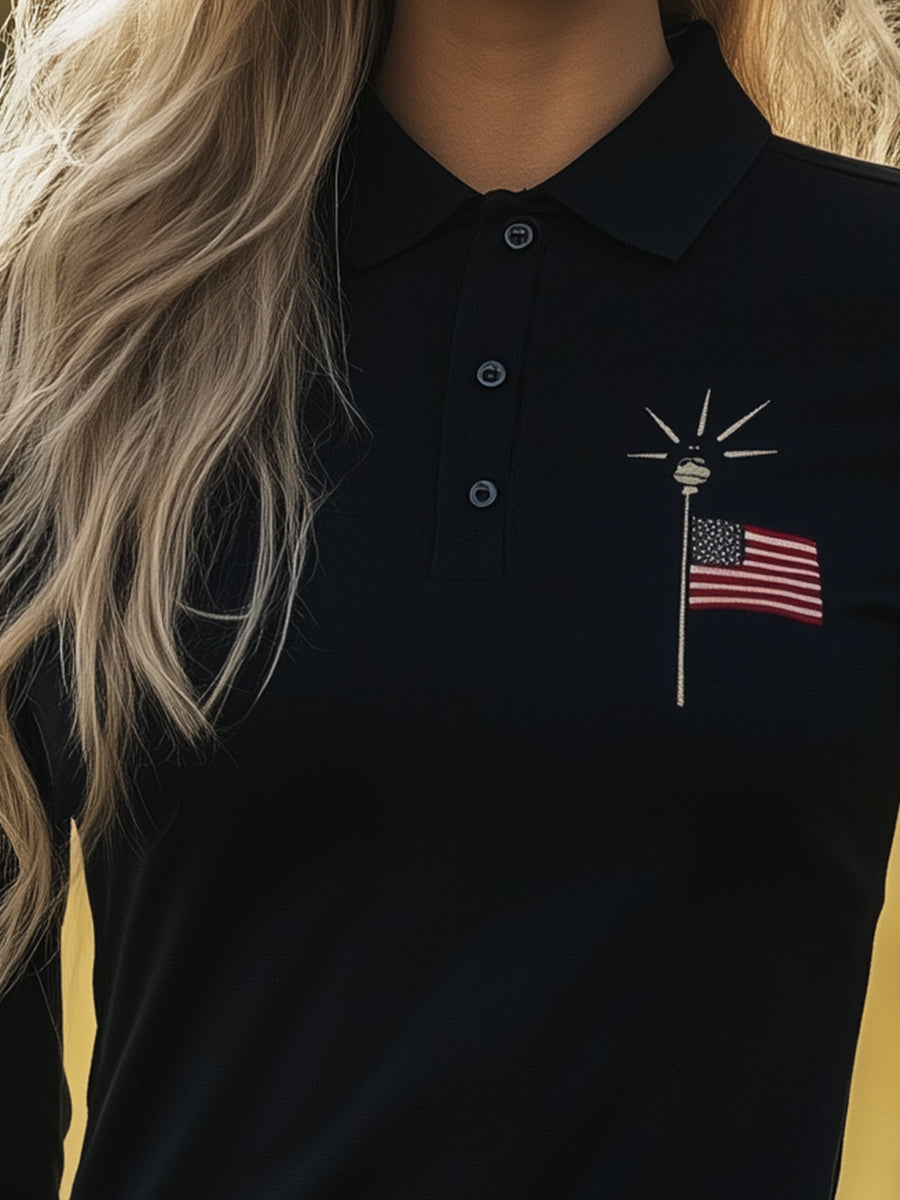 Comfortable Stretch Black Polo Shirt Long Sleeve Embroidered Top