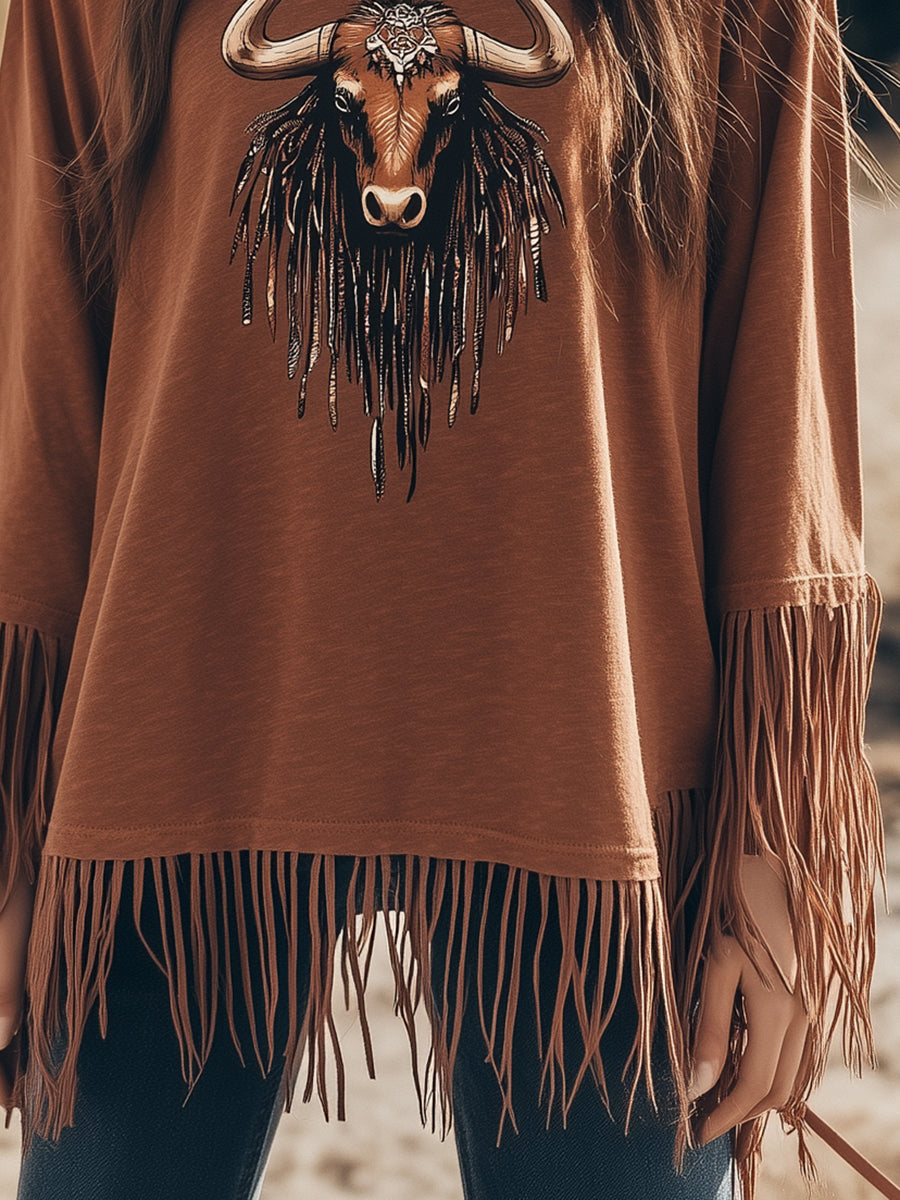 Bohemian Western Vintage Bull Head Pattern Brown Tassel Top
