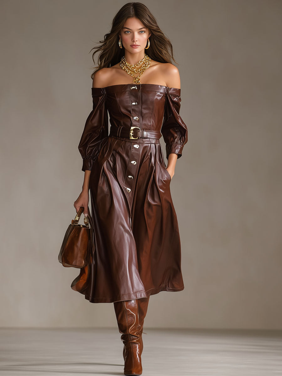 Elegant Faux Leather Off-the-shoulder Long-sleeved Button Midi Dress