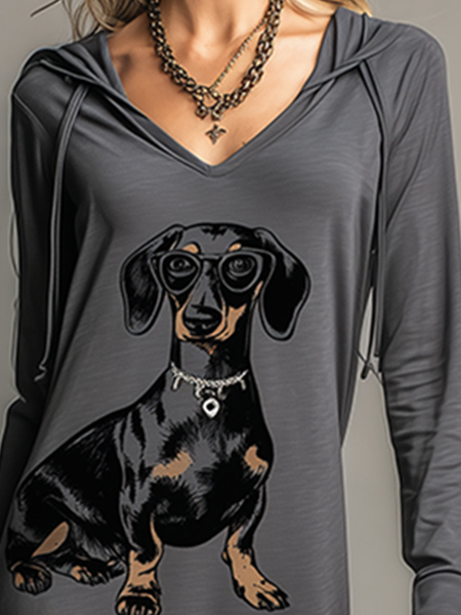 Casual And Fashionable Dark Gray Printed Hooded Long-sleeved Maxi Dress