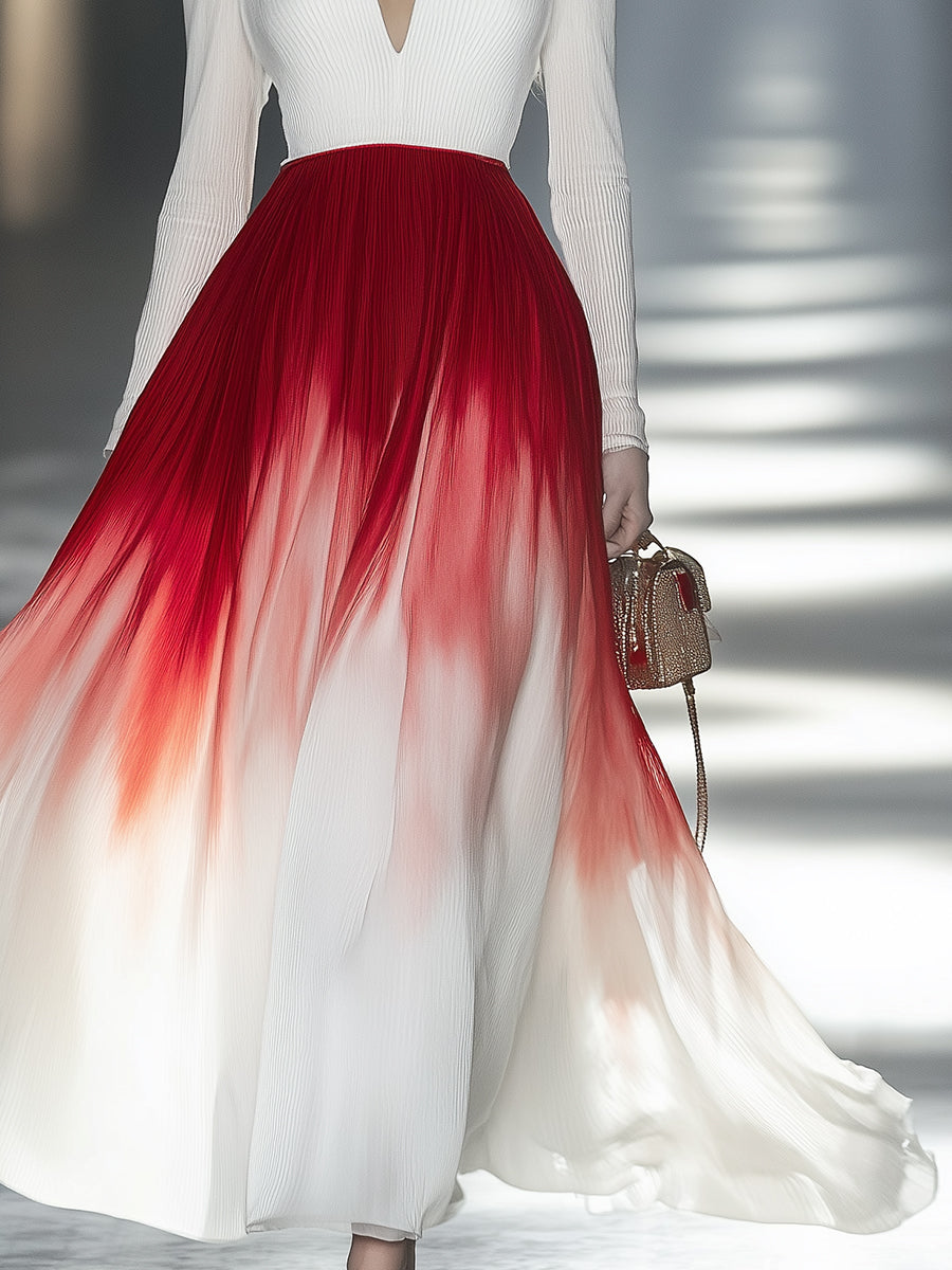 Elegant And Atmospheric V-neck Pleated Chiffon Red And White Gradient Maxi Dress