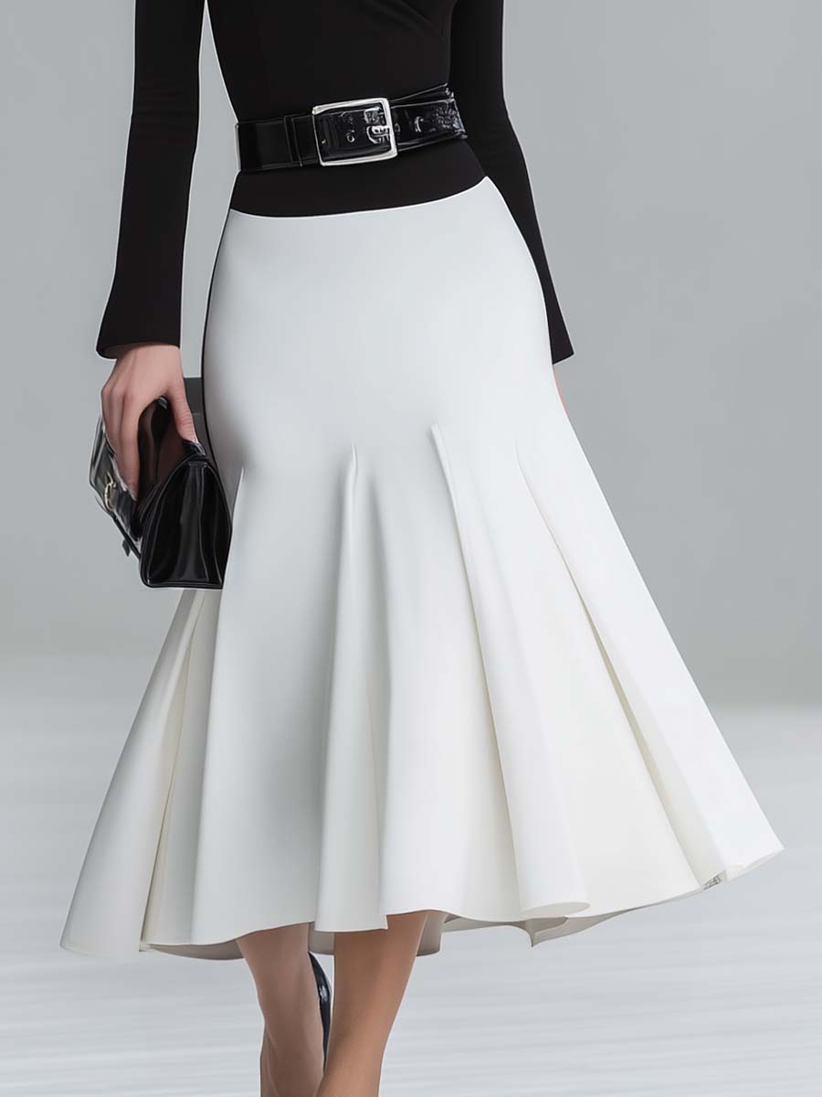 Elegant Classic Retro V-neck Long-sleeved Pleated Skirt Black And White Contrast Midi Dress