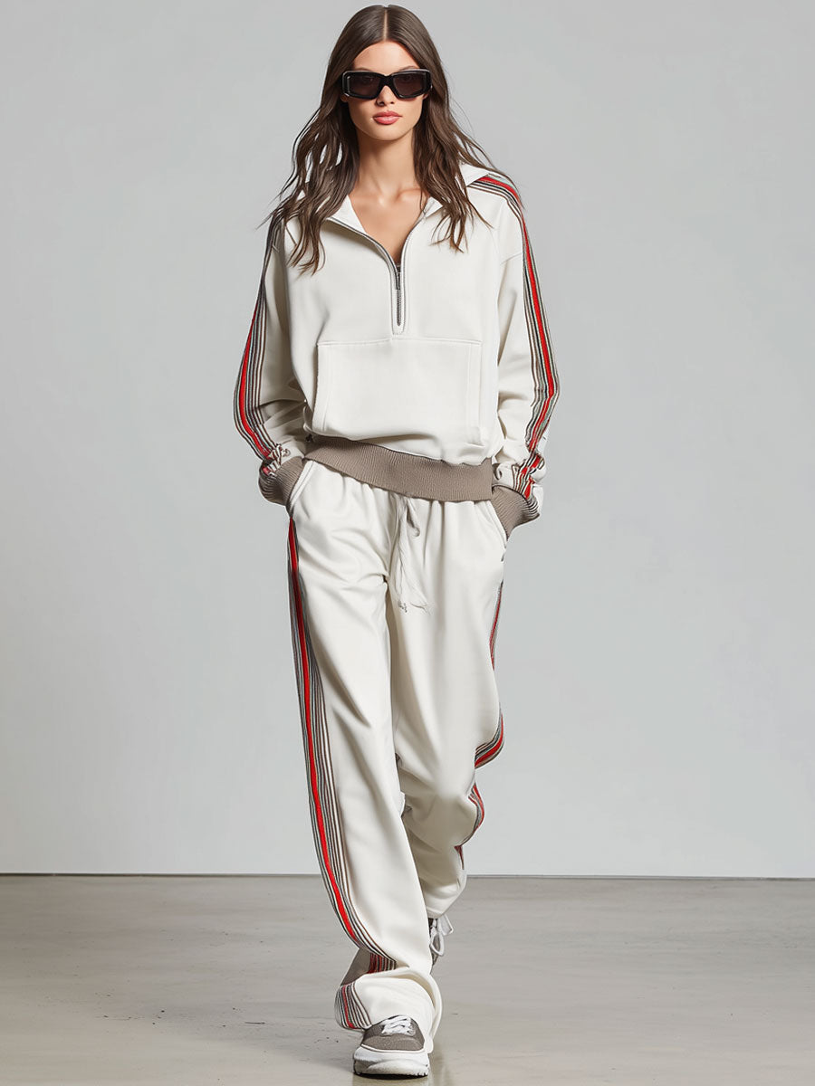 Casual Retro Striped Trim White Knitted Pullover Wide-Leg Pants Sports Set