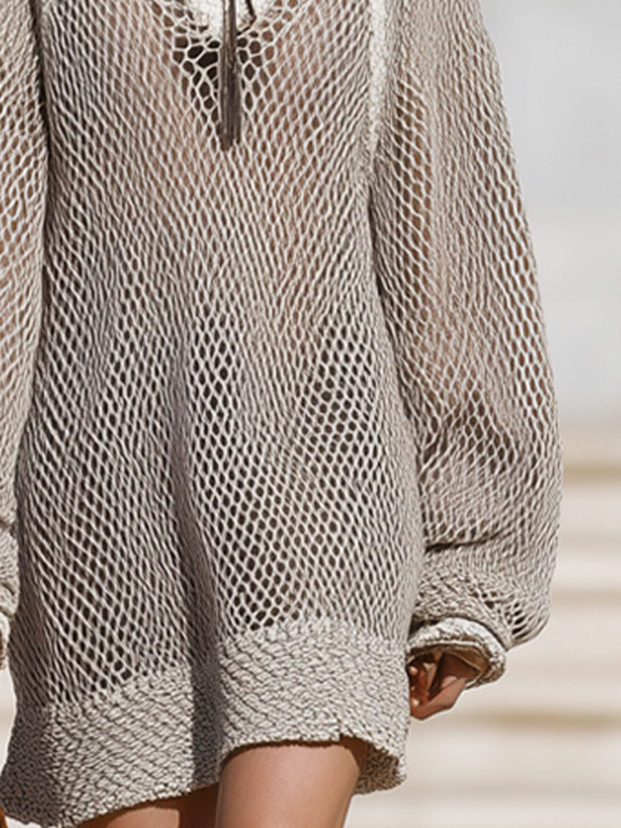 Casual Loose Light Gray Mesh Knit Long Sleeve Mini Dress