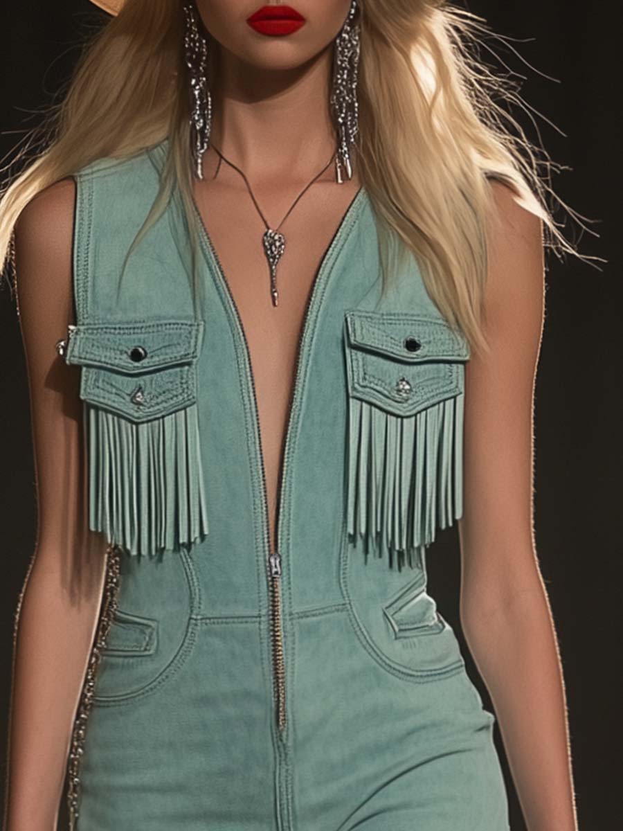 【24-hour shipping out】Vintage Western Front Zipper V-Neck Blue Suede Tassel Jumpsuit