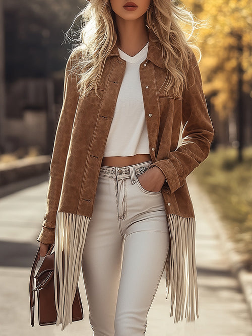 Chaqueta marrón con borlas y botones estilo western vintage
