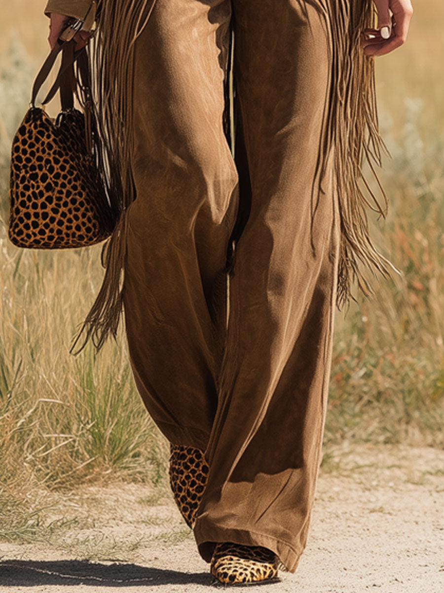 Vaqueros de pierna ancha con borlas estilo camel estilo western vintage