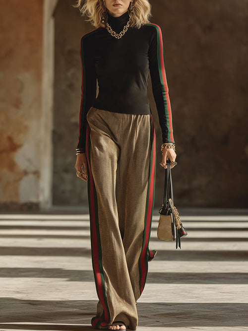 Elegant And Fashionable Striped Trim Black Stand-up Collar T-shirt And Trousers Set