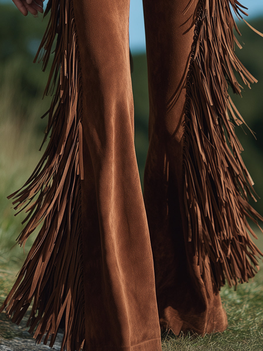 Brown Suede Flared Western Fringed Hem Pants