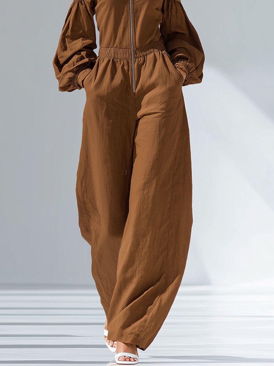 Cotton Off-the-shoulder Long-sleeved Wide-leg Jumpsuit