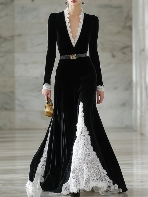 Elegant Black Velvet And Lace Maxi Dress