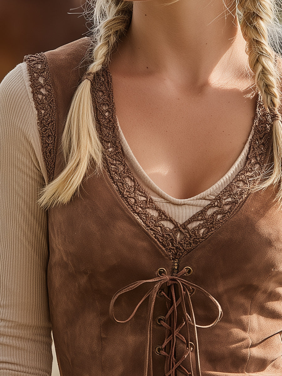 Elegant Western Lace Front Cross Strap Brown Suede Vest